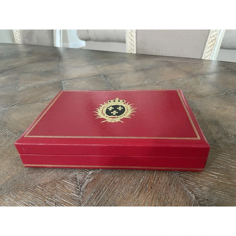 Vtg Red Leather Swank Men's Valet Cufflink Jewelry Box Sweden Fleur de Lis Crest